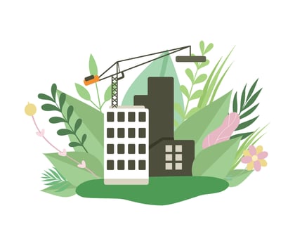 Multi Storey House in Construction Process, House under Construction and Crane in Spring or Summer Season with Blooming Flowers and Leaves Illustration vector