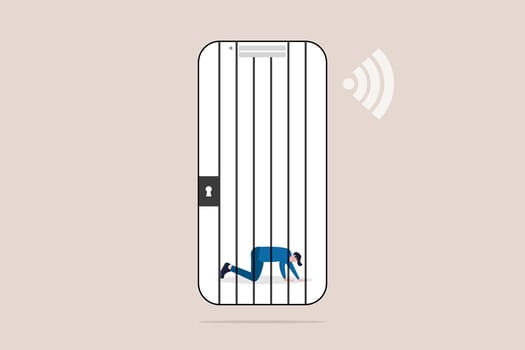 Young man Social Media Addiction Mobile Phone Prisoner. concept of Health problems, depression, and pressure vector