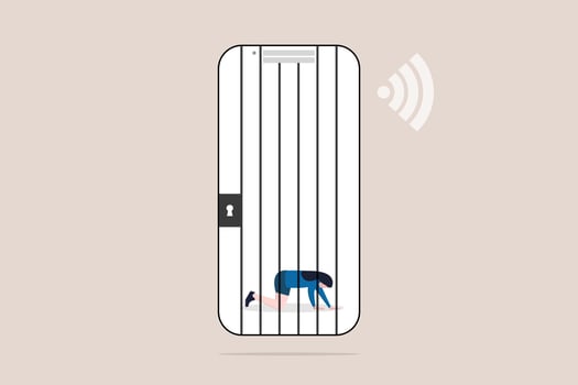 Young woman Social Media Addiction Mobile Phone Prisoner. concept of Health problems, depression, and pressure vector