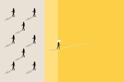 Business woman has to make decision which way to go for his success, Business team or partner go different way, Different or unique concept vector