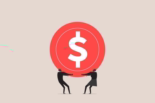 Businessman and business woman with business income and profits lifting dollar coin celebrating financial success and profitable company. concept of Economy and finances vector