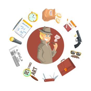 Private Detective Banner Template, Investigators Equipment and Accessories of Dound Shape, Professional Surveillance Work Illustration vector