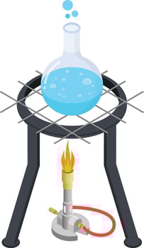 A boiling flask on a tripod stand with a Bunsen burner below in Isomeric Style vector