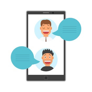 Men Face Avatars on Screen of Smartphone with Dialog Speech Bubbles, Social Media Networking Illustration vector