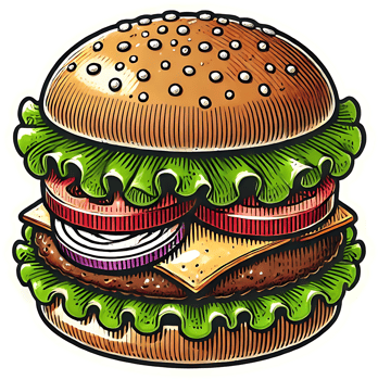 A hamburger sticker with a cheese, lettuce and onion png