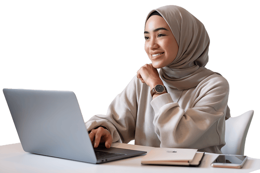 Smiling Woman in Hijab Working on Laptop on transparent background png