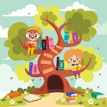 Children Reading Book At Nature vector