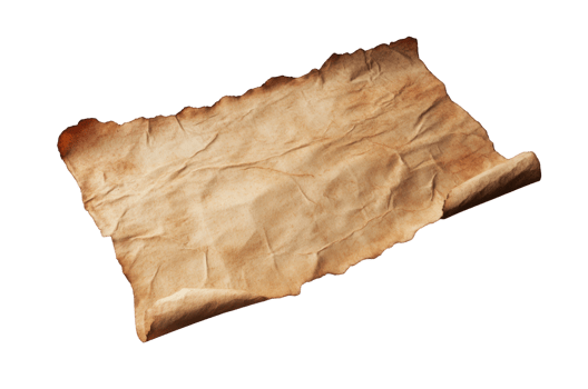 Ancient old wrinkled scroll paper with burnt edges, rolled up and isolated on transparent background, perfect for historical or adventure projects png