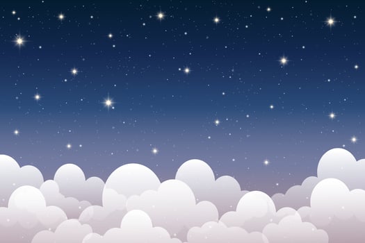 Dark night sky with glowing clouds shining stars and constellations. Blue gradient background depicts a magical cosmos, celestial nebula patterns, and astrology-inspired fantasy illustration. vector