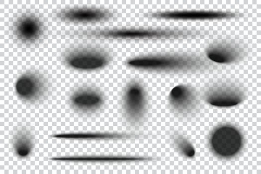 Circle shadows with blurred effect. Realistic oval black transparent drop shapes. Circular gradient shades on surface. Dark soft edge ellipses collection vector