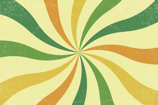 Retro background. Spiral sunburst pattern with wavy stripes in green yellow and orange. Vintage psychedelic groovy 70s carnival bg. Textured abstract radial vortex vector