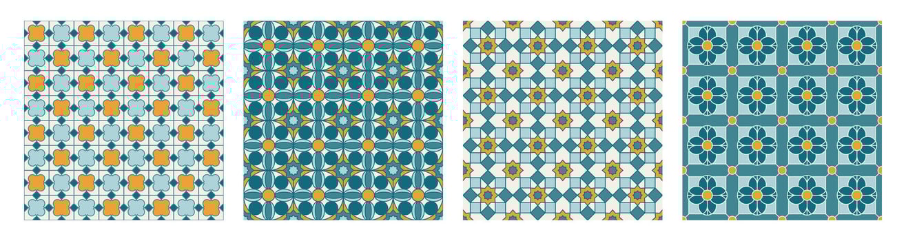 Collection of Arabic geometric mosaic printable seamless pattern with abstract Moroccan print in blue and orange colors. Ramadan Kareem Traditional Islamic art Illustration background vector