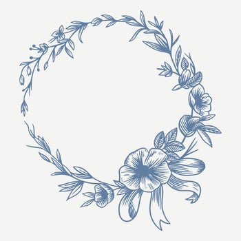 Botanical blue wedding frame or wreath on white background. Hand drawn floral, flower, leaf branch in toile de jouy style. Line art for wedding, monogram, invitation, greeting, logo, birthday cards vector