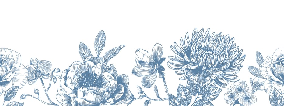 Botanical blue wedding seamless borer with flower on white background. Hand drawn floral, flower and leaf branch in toile de jouy style. Line art for wedding invitation, greeting birthday cards vector