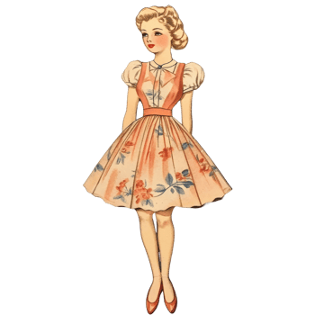 Vintage paper doll in a floral dress capturing the charm of a bygone era of playtime, A vintage paper doll, reminiscent of the 1950s era against a transparent background png