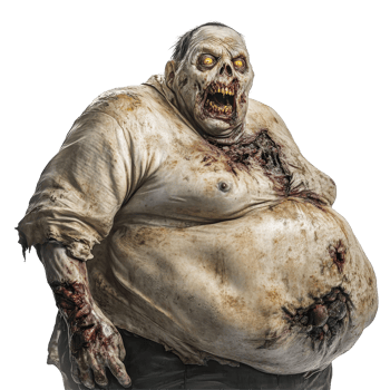 A grotesque fat zombie with a menacing look poses against a stark transparent background, embodying horror, Fat scary zombie on transparent background png