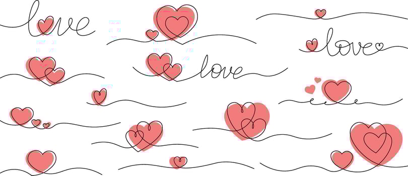 One line drawing heart collection. Hearts continuous one line draw illustration set. Red love symbols on transparent background. Banner for valentine's day. Abstract hearts. Editable vector