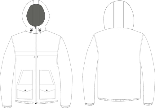 This technical drawing presents a detailed illustration of a men's outdoor jacket with a hoodie and stylish design. Precise lines depict construction features and standout design elements vector
