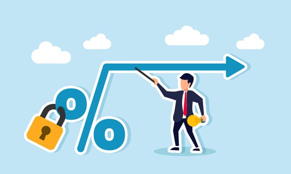 A businessman holding a lamp and a pointer explains an arrow originating from a sealed percent sign, illustration of education on the importance of creativity in business performance stability vector