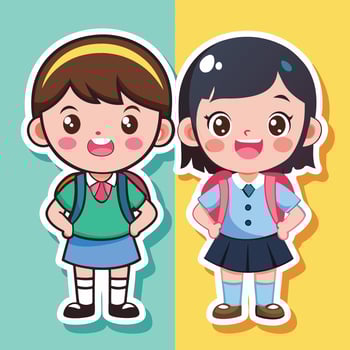 two cartoon school girls standing next to each other vector