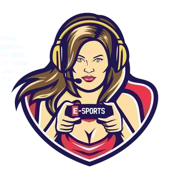 a woman holding a controller in front of a shield vector