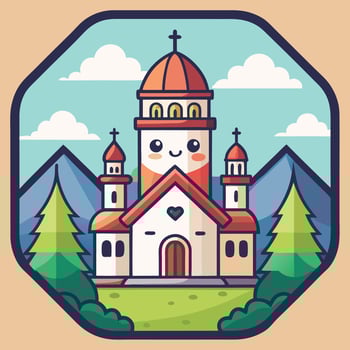 a church in the mountains with trees and mountains vector