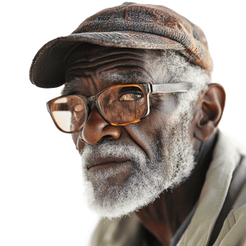 An elderly man with glasses and a cap gazing pensively against a transparent background in a quiet moment, Old man on transparent background png