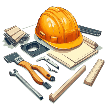 Essential carpentry tools and a safety helmet arranged on a workbench for construction activities, Carpentry tools with safety helmet Stock Illustration png