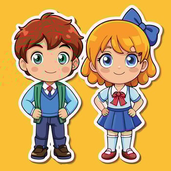 sticker of cute school girl and boy vector