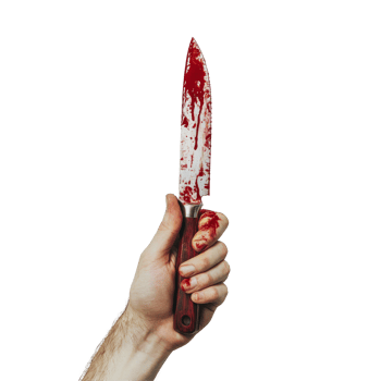 Hand gripping a bloody knife held against a plain transparent background highlighting a dramatic moment of tension, Hand Holding Bloody Knife on transparent background png