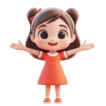 Happy cartoon character of a cute girl in an orange dress with a joyful expression, isolated on a bright background, cute girl happy cartoon character 3d isolated on transparent background png