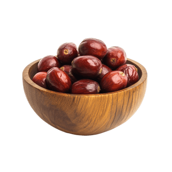 Jujube fruit in a wooden bowl on a transparent background highlighting natural textures and colors, Jujube in wood bowl isolated on transparent background png