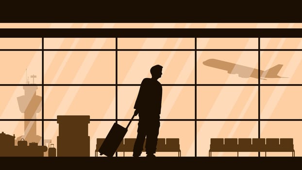A passenger dragging luggage in the airport lounge. Illustration of traveler with suitcase in the airport lobby with takeoff plane in the background. Airport hall with seating and runway plane vector