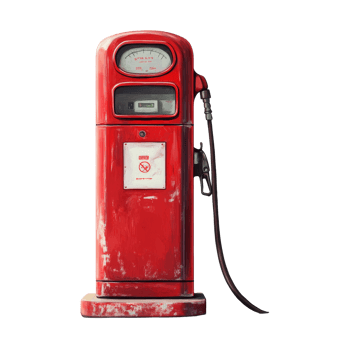 A vintage red gasoline pump positioned against a light background with a hose ready for fuel dispensing, Red gasoline pump Stock Illustration png
