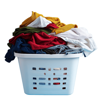 A plastic laundry basket filled with colorful clothes waiting to be washed in a bright, clean room, Plastic laundry basket full of clothes png