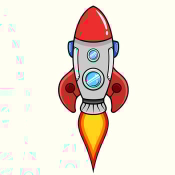 Cartoon rocket spaceship fire flame taking off in the sky with fire and clouds for a successful business vector