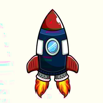 Cartoon rocket science ship galaxy taking off in the sky with fire and clouds for a successful business or startup launch logo, icon, sticker, symbol, emblem and tshirt design. vector