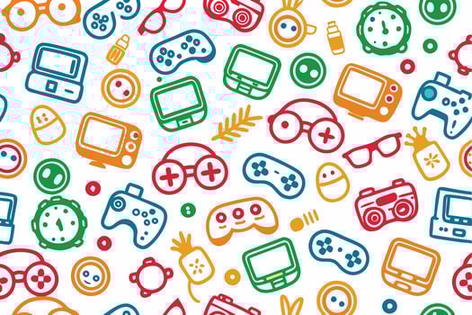 a colorful pattern with various game controllers and other items vector