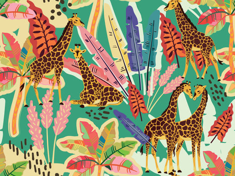 giraffes and leaves in a jungle pattern vector