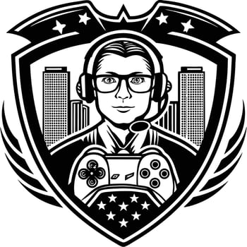 a gamer with a headset and controller in front of a city vector