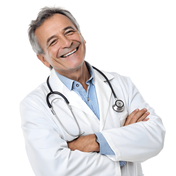 Doctor smiling confidently with arms crossed in a medical setting during daytime hours, isolated on transparent background png