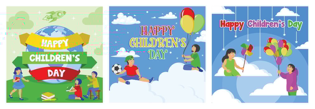Celebrating International Children's Day with children playing with balls, balloons and windmills. vector