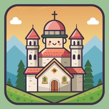 a cartoon church with a mountain in the background vector