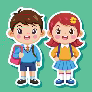 sticker of cute school boy and girl vector