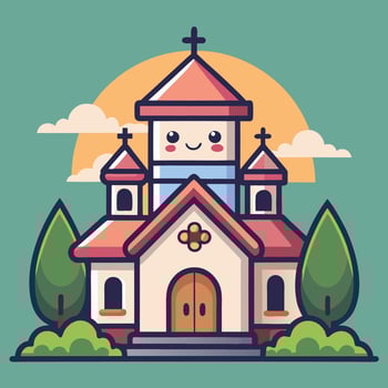 church building with a smiling face and a sun vector