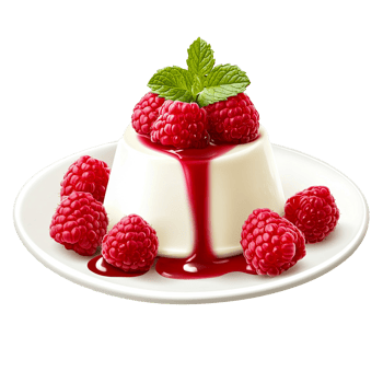 Panna cotta dessert featuring fresh raspberries png