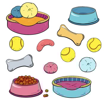 A delightful collection of colorful dog food bowls and toys designed for pets enjoyment. illustration. Pet shop vector