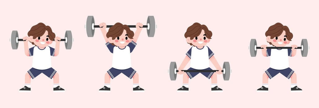 A cartoon boy lifting weights in different positions vector