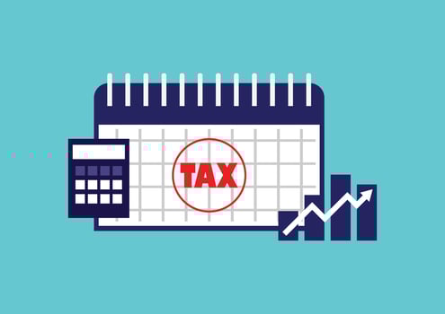 Business and financial concept. Graph, upper arrow, calendar tax, and calculator on a blue background. vector