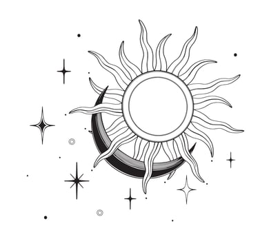 Boho Sun Moon Stars icons. Minimal celestial esoteric composition for logo, tattoo, sunburst set. illustration in linear drawing style on isolated background. Black etching day and night. vector